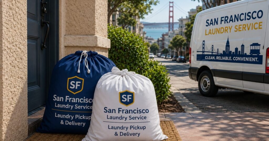 San Francisco Laundry Service bags with Golden Gate Bridge in background