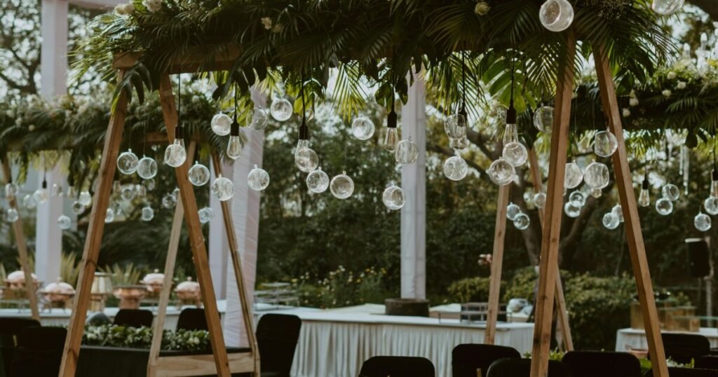 Wedding reception table setup with white linens