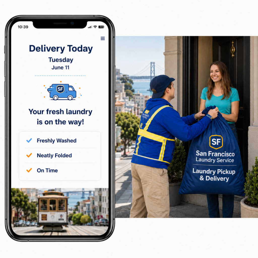 Phone screen showing San Francisco Laundry Service delivery today notification next to a driver handing a laundry bag to a customer at her door