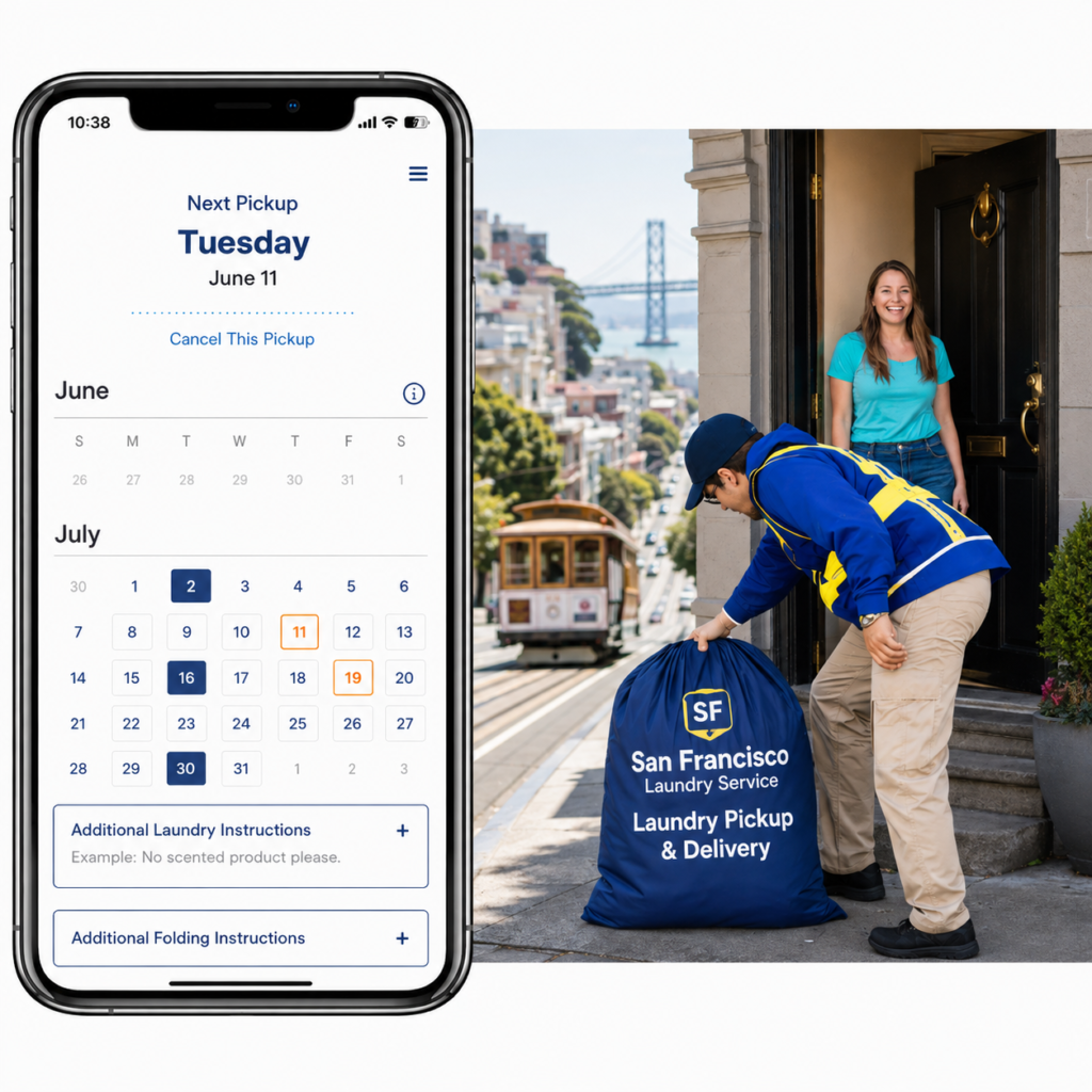 Phone screen showing San Francisco Laundry Service next pickup scheduling calendar next to a driver picking up a laundry bag at the door