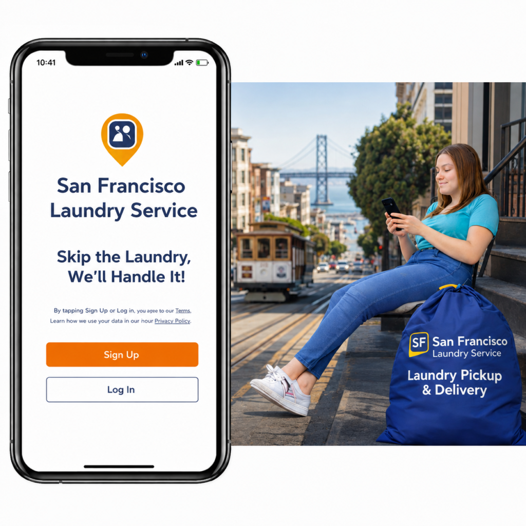 Phone screen showing the San Francisco Laundry Service app sign up screen next to a woman checking her phone on a San Francisco street with a laundry bag