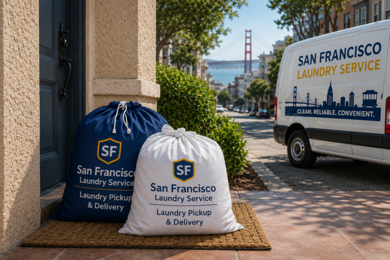 Navy and white San Francisco Laundry Service bags on a doorstep with the Golden Gate Bridge and delivery van in the background