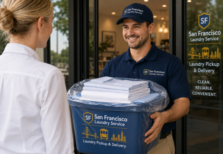 San Francisco Laundry Service driver handing a bin of folded laundry to a customer at a storefront entrance