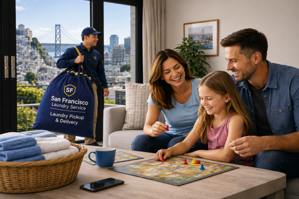 Family playing a board game in their living room with a San Francisco Laundry Service delivery bag by the door