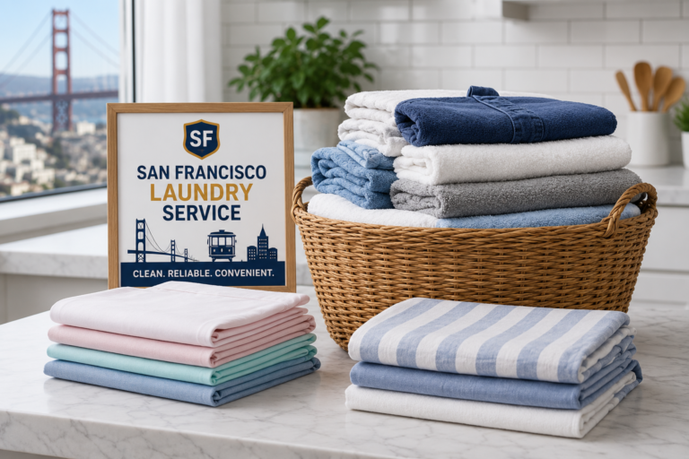 Folded towels and linens in a basket next to a framed San Francisco Laundry Service sign with the Golden Gate Bridge visible through the window