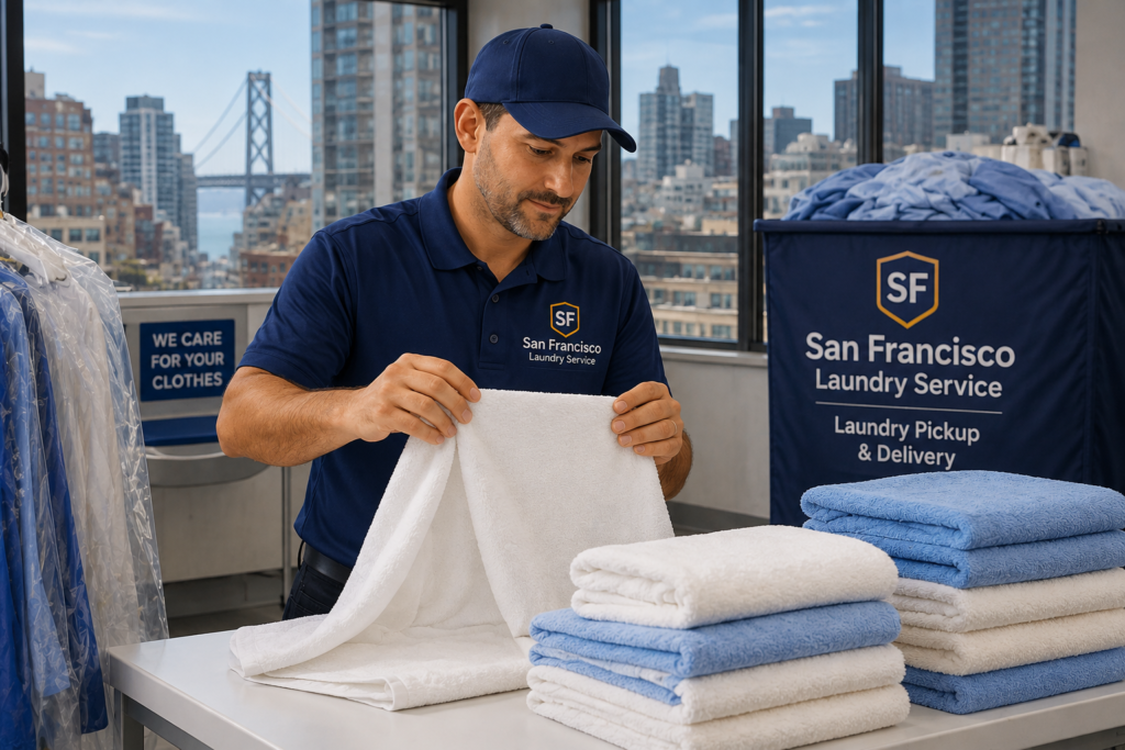 San Francisco Laundry Service employee folding a white towel with stacks of folded towels on the table and the city skyline in the background