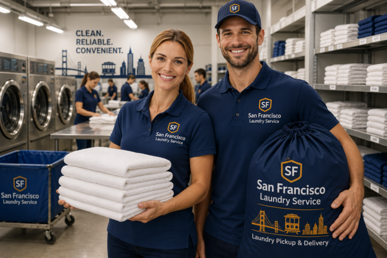 Two San Francisco Laundry Service staff members in a laundry facility holding folded towels and a laundry bag