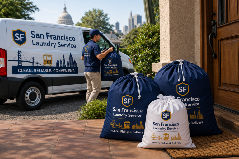 San Francisco Laundry Service delivery van and laundry bags outside a home with the city skyline in the background
