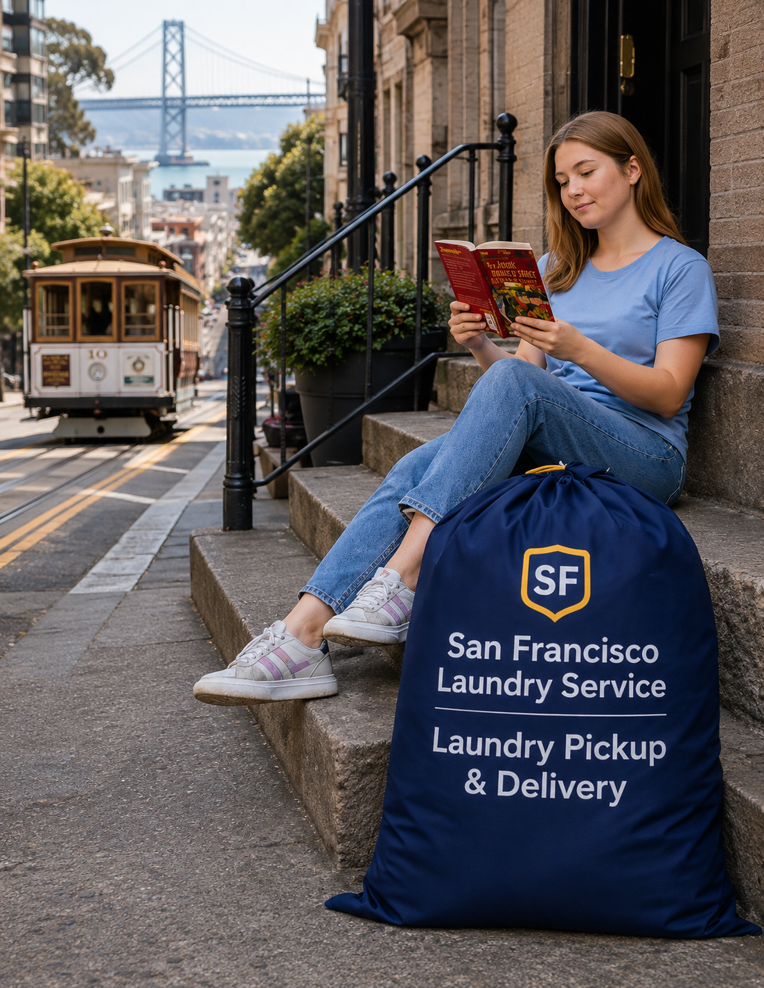 Woman reading a book on a San Francisco stoop next to a San Francisco Laundry Service bag with a cable car and the bay in the background
