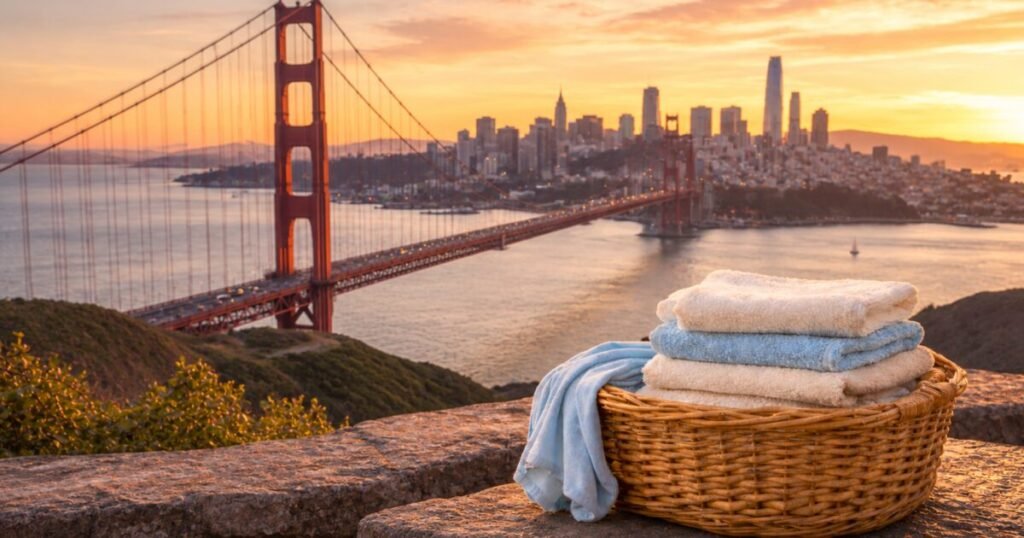 Golden Gate Bridge at sunset with folded towels basket